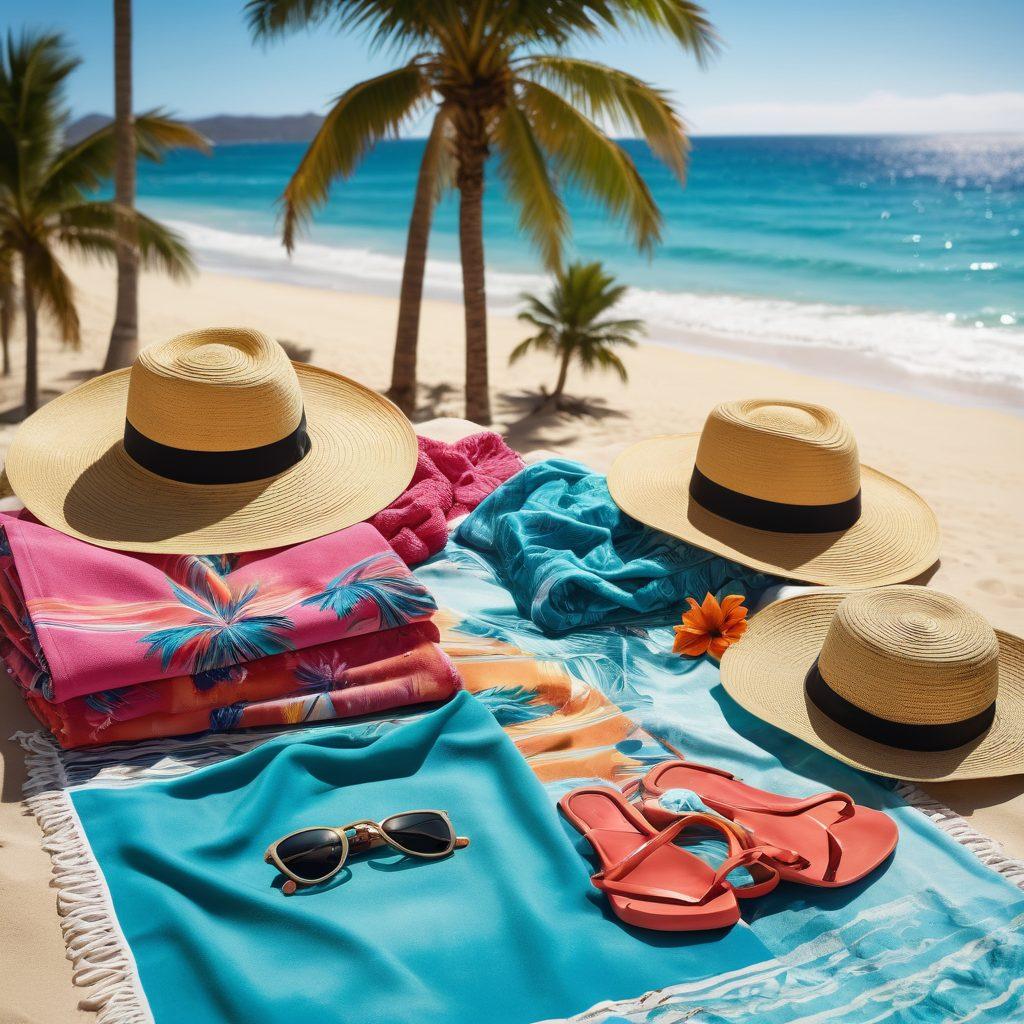 A sunlit scene featuring a stylish poolside with vibrant beachwear scattered around, showcasing a variety of swimsuits, cover-ups, and accessories. In the background, a mesmerizing beach setting transitions to ocean waves and palm trees, evoking a relaxed beachy vibe. Include a fashionable beach hat and sunglasses placed on a colorful towel by the poolside. super-realistic. vibrant colors. high detail.