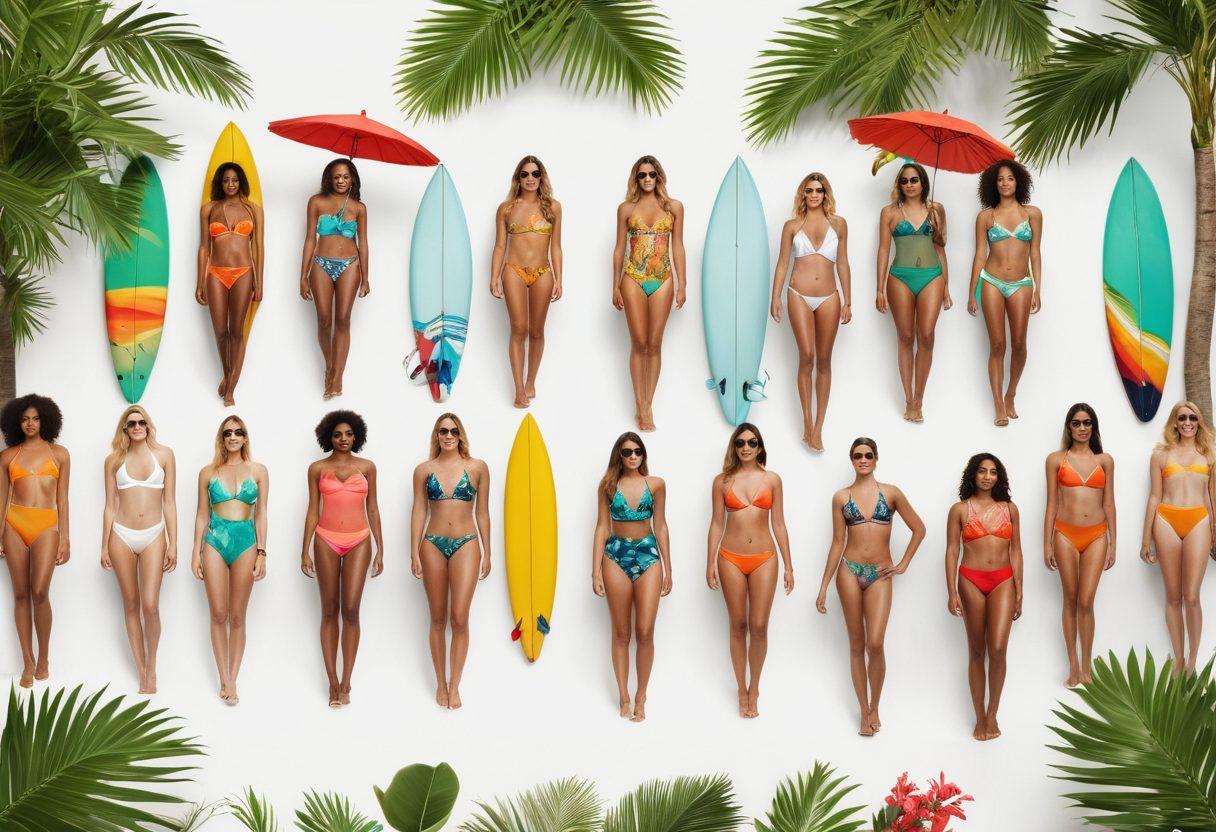 A vibrant beach scene showcasing a diverse group of fashionably dressed individuals in colorful swimwear, highlighting eco-friendly fabrics and designs. Include surfboards, beach umbrellas, and lush greenery to evoke a sense of summer fun and sustainability. Ensure the water is crystal clear and reflects the sunlight beautifully. super-realistic. vibrant colors. white background.