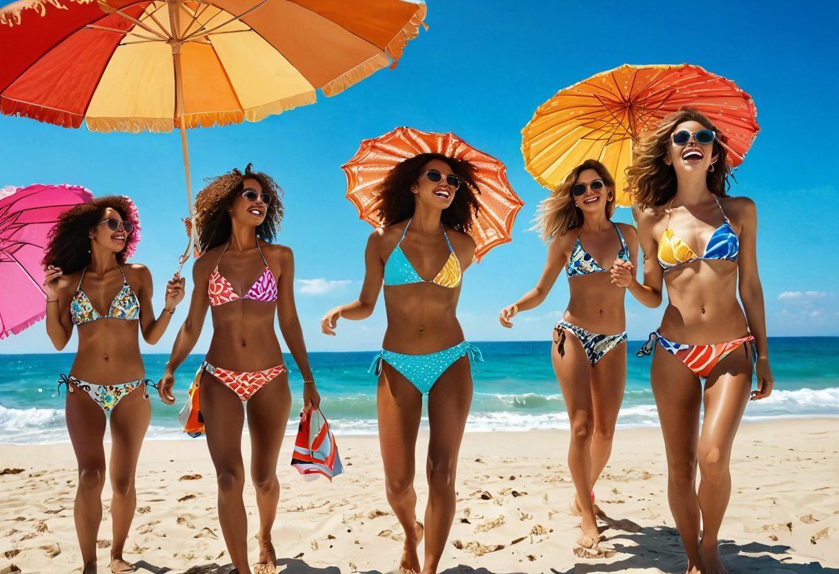 A vibrant beach scene with sun-kissed waves gently lapping at the shore. In the foreground, a diverse group of stylish women in trendy bikinis showcasing different colors and patterns, laughing and enjoying the sun. Bright beach umbrellas and colorful towels scattered around add to the lively atmosphere. Seagulls soaring above and a clear blue sky enhance the summer vibe. The image should evoke a sense of fun and freedom. super-realistic. vibrant colors. summer aesthetic.